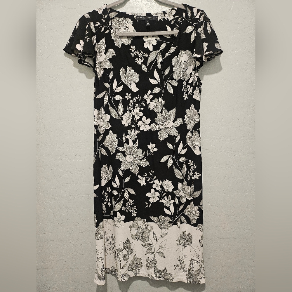 White House Black Market Black and White Floral Midi Dress with V-Neck